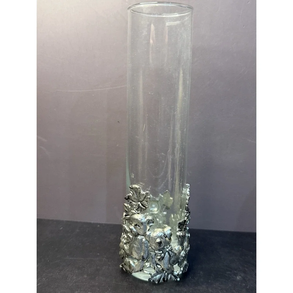 VTG Arthur Court Vase Glass Clear Cylinder Applied Aluminum Bear Cubs